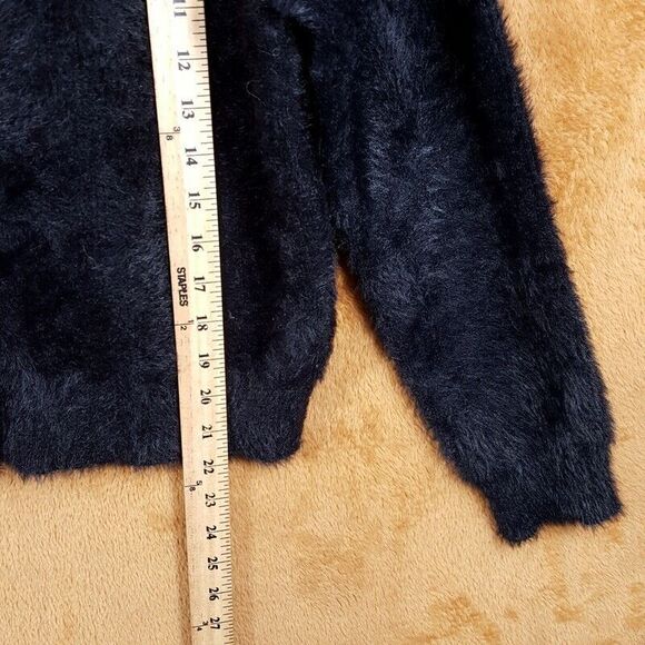 ZARA Sweater Womens XL Black Cardigan Fuzzy Faux Fur Flower Button Cozy Knit - Picture 7 of 8